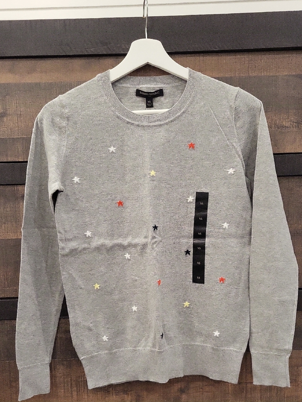 Banana Republic Factory Gray Crewneck Sweater with Multicolor Star Embroidery